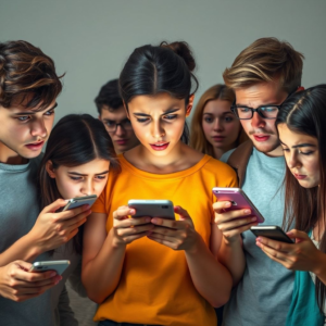 Diverse group of young people using smartphones and looking stressed, anxious, and overwhelmed by social media notifications