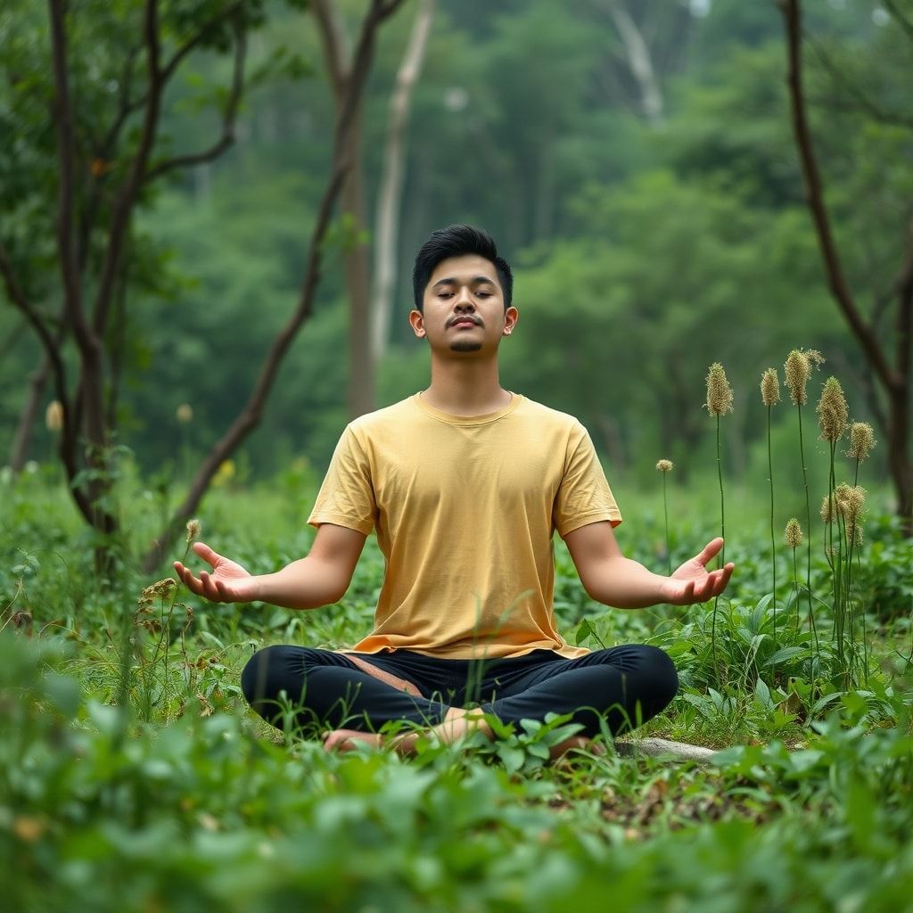 impact - Person meditating in nature, surrounded by greenery, with a sense of calm and peace, disconnecting from social media