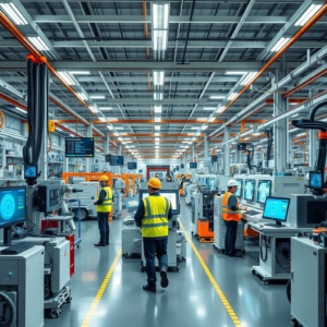modern factory floor with workers operating machinery, advanced automation technologies, efficient production processes, digital performance dashboards, high-tech equipment, innovative robotics, futuristic industrial setting