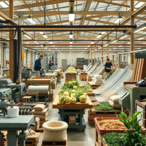 sustainable manufacturing processes and machinery in a factory setting, eco-friendly materials being used in production, workers in a solar-powered factory with renewable energy sources