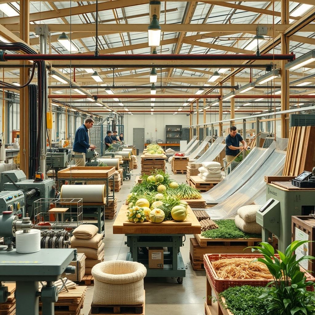 sustainable manufacturing processes and machinery in a factory setting, eco-friendly materials being used in production, workers in a solar-powered factory with renewable energy sources