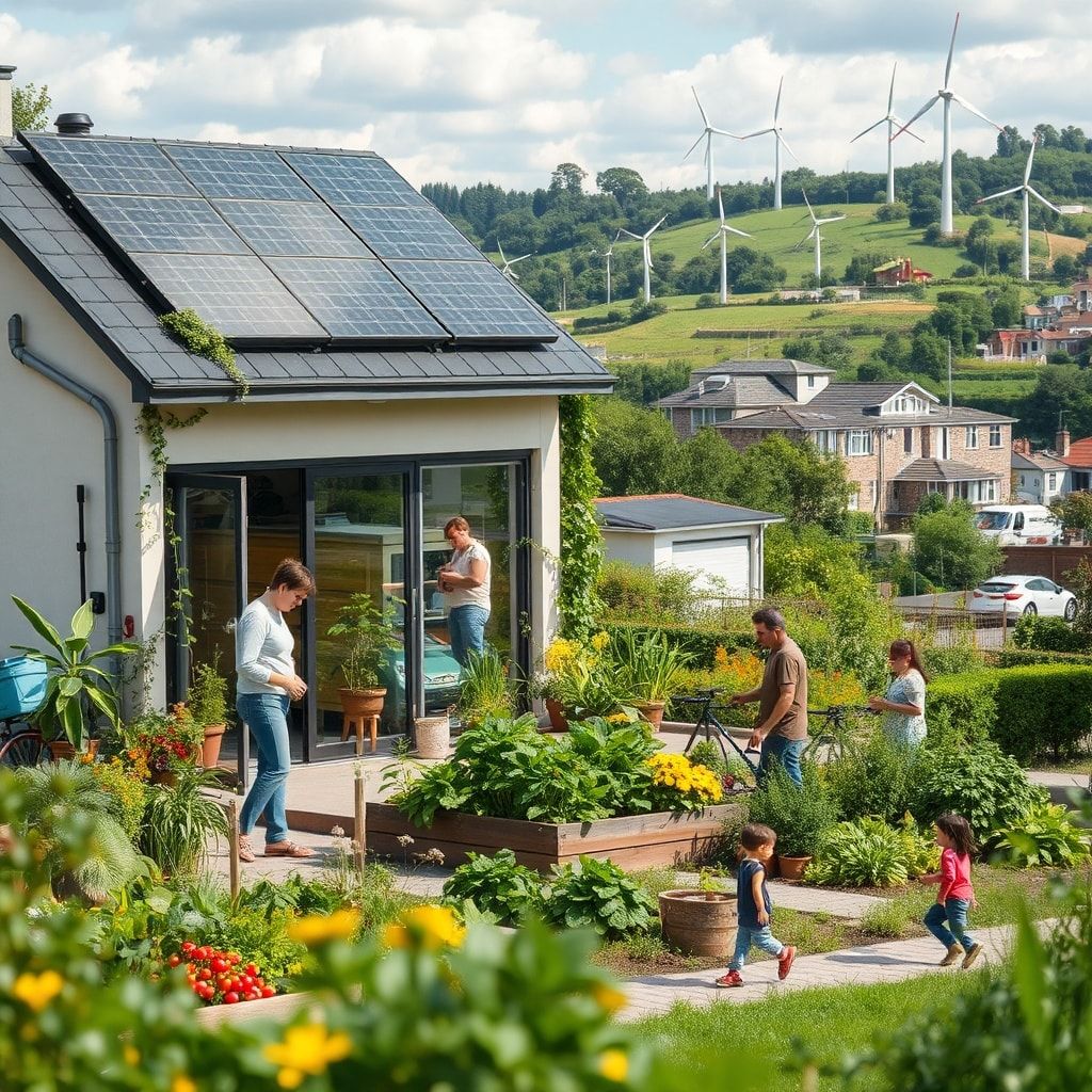 sustainable living in a modern eco-friendly home with solar panels and greenery, eco-conscious family recycling and composting, community garden with diverse vegetables and fruits, sustainable fashion clothing made from recycled materials, urban bike-sharing program in a bustling city, clean energy wind turbines on a green hillside, people enjoying a sustainable picnic in a lush park, diverse group participating in a sustainable living workshop, eco-friendly transportation options like electric cars and bicycles