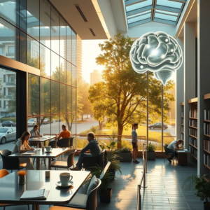 modern office with glass walls and people working on laptops, cozy Italian café terrace with coffee cups and notebooks, peaceful city park with green trees and stone pathways, minimalist living room interior with sunlight through large windows, futuristic AI holographic brain with neon lights, university library with tall bookshelves and students studying, warm natural sunlight, cinematic atmosphere, ultra realistic, highly detailed, 8k quality, photorealistic
