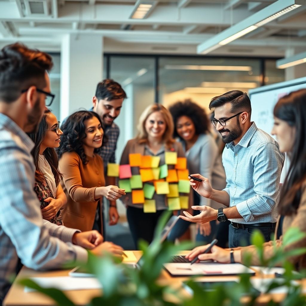 dynamic teamwork in a modern office setting, diverse group of employees collaborating on a project, innovative technology sol