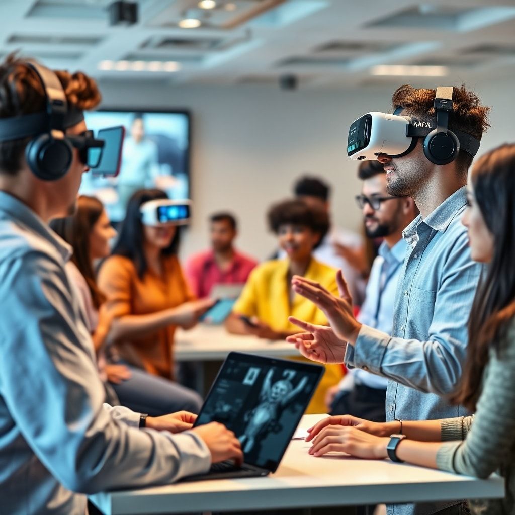 innovative training methods in action, employees participating in virtual reality simulations, gamified learning platform bei