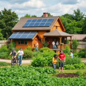 ecofriendly home with solar panels and lush green garden, sustainable farming practices in action with organic crops and composting, diverse group of people engaging in eco-friendly activities like biking, recycling, and planting trees