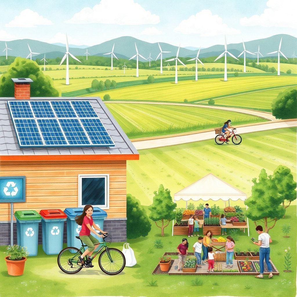 solar panels on a rooftop, wind turbines in a green field, recycling bins with different colored lids, family biking together in a park, farmers market with fresh produce, reusable water bottle and shopping bag, eco-friendly household products, diverse group of people planting trees in a community garden