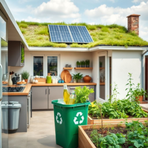 sustainable living in a modern eco-friendly home with solar panels and green roof, recycling bins in a kitchen with reusable containers and glass jars, urban garden with vegetables and herbs growing in raised beds