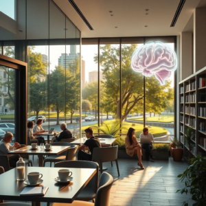 modern office with glass walls and people working on laptops, cozy Italian café terrace with coffee cups and notebooks, peaceful city park with green trees and stone pathways, minimalist living room interior with sunlight through large windows, futuristic AI holographic brain with neon lights, university library with tall bookshelves and students studying, warm natural sunlight, cinematic atmosphere, ultra realistic, highly detailed, 8k quality, photorealistic