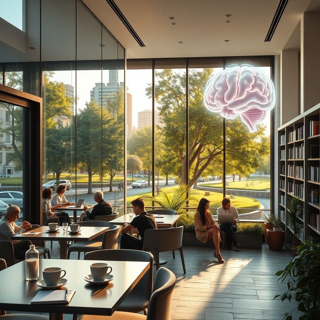 modern office with glass walls and people working on laptops, cozy Italian café terrace with coffee cups and notebooks, peaceful city park with green trees and stone pathways, minimalist living room interior with sunlight through large windows, futuristic AI holographic brain with neon lights, university library with tall bookshelves and students studying, warm natural sunlight, cinematic atmosphere, ultra realistic, highly detailed, 8k quality, photorealistic