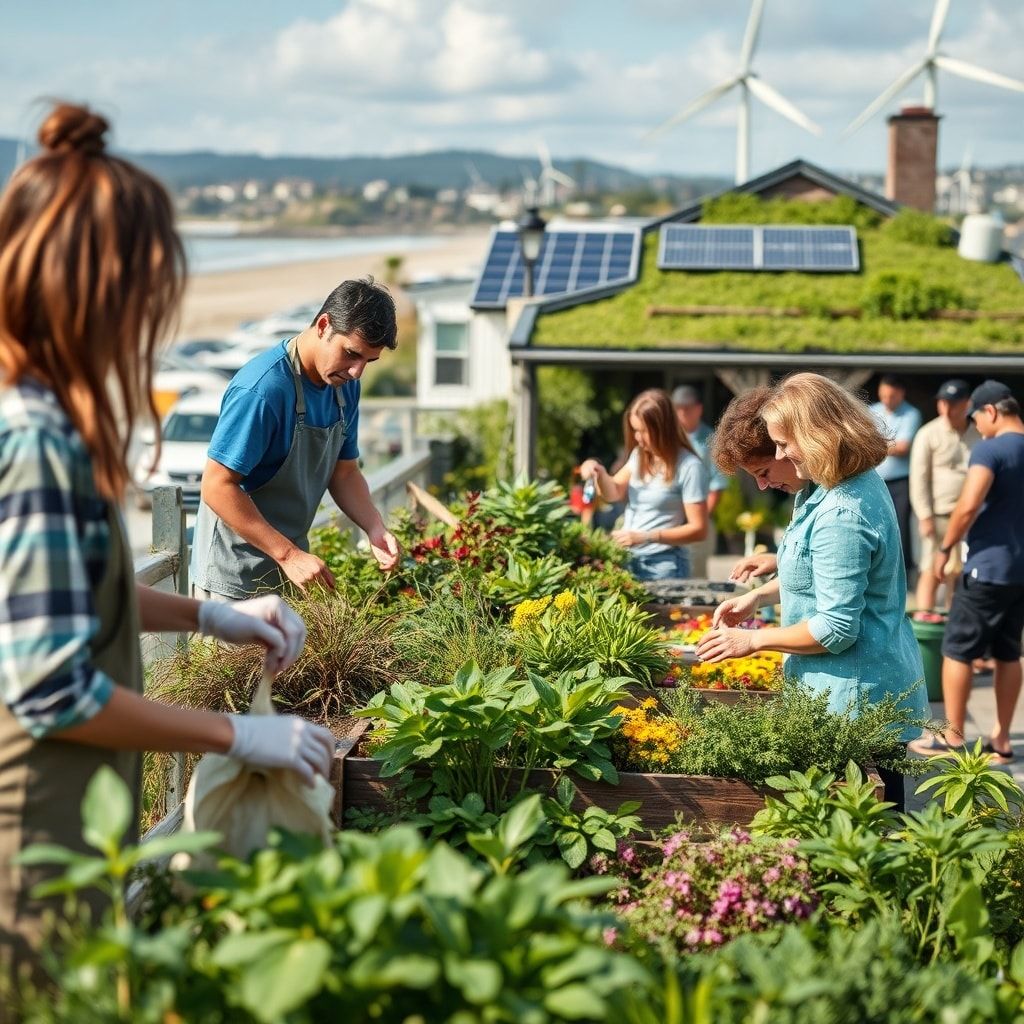 ocean conservation volunteers cleaning up beach, urban rooftop garden with diverse plants and solar panels, family composting