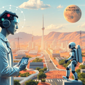 Artificial intelligence and machine learning technologies in action, Internet of Things devices connecting wirelessly, futuristic cityscape with 5G network towers, solar panels harnessing renewable energy, blockchain network visual representation, scientist working in biotechnology lab, quantum computing processor chip, autonomous vehicle navigating city streets, advanced robot performing complex tasks, astronaut on Mars exploring the red planet