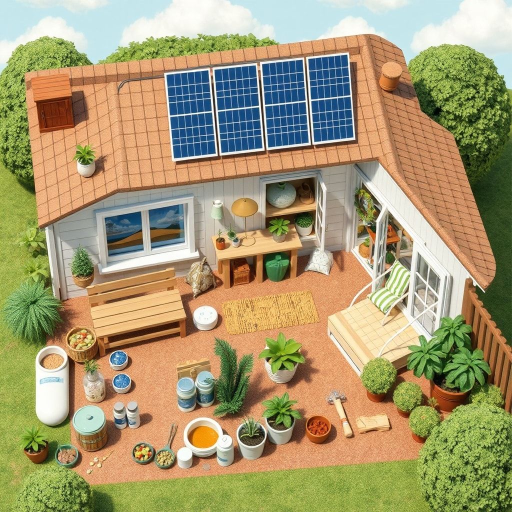 sustainable lifestyle with reusable products, eco-friendly household items, and solar panels