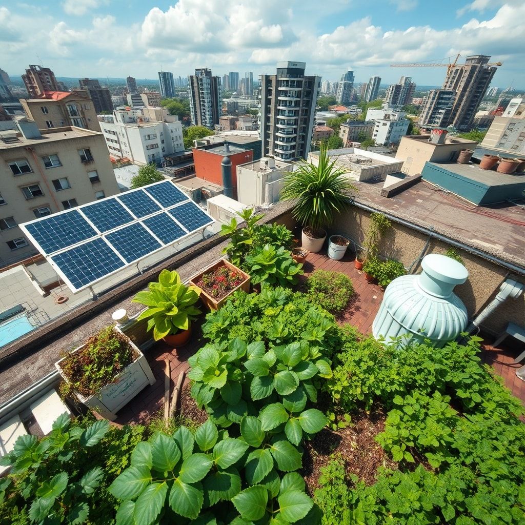 sustainable - urban rooftop garden with green plants, solar panels, and rainwater harvesting system