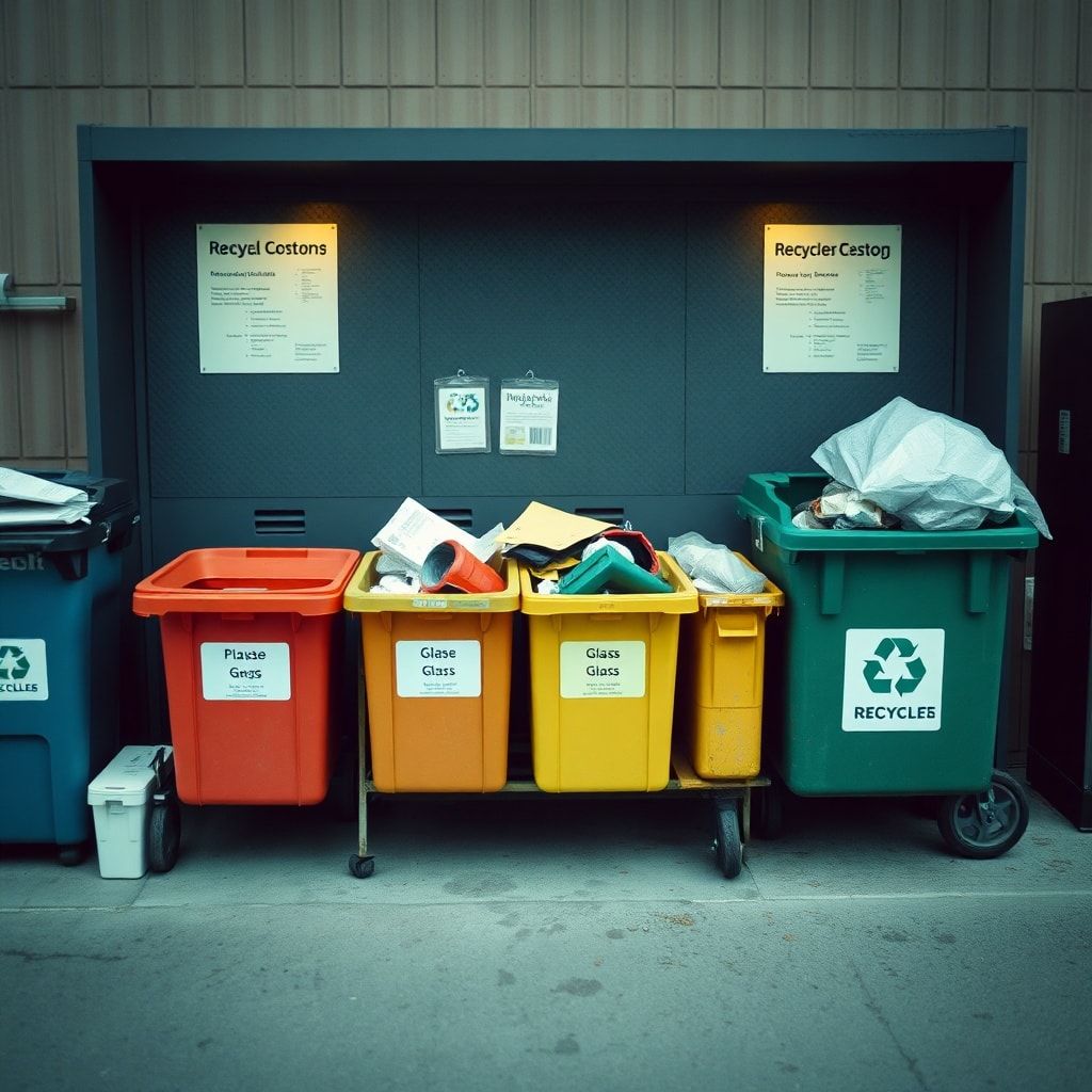 sustainable - community recycling center with bins for paper, plastic, glass, and metal waste