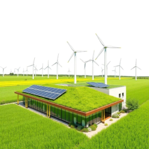 solar panels on rooftop, wind turbines in a green field, modern eco-friendly building with green roof and solar panels