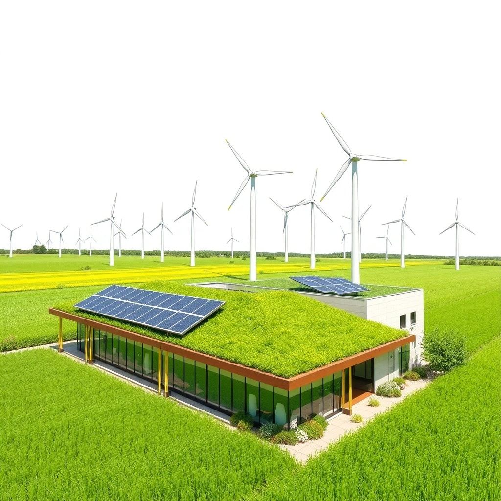 solar panels on rooftop, wind turbines in a green field, modern eco-friendly building with green roof and solar panels