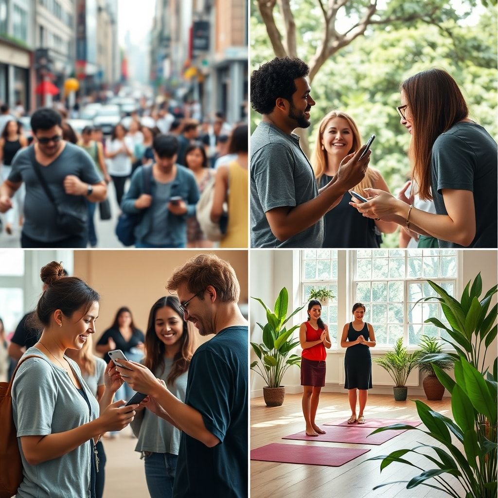 people using smartphones in a busy city street, diverse group of friends laughing and chatting in a park, serene yoga studio with natural light and green plants