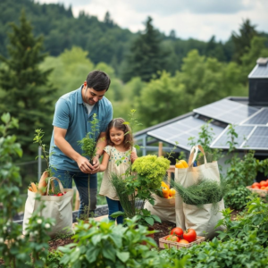 family planting trees in a lush green forest, reusable shopping bags filled with fresh produce at a farmers market, solar panels on a rooftop generating clean energy