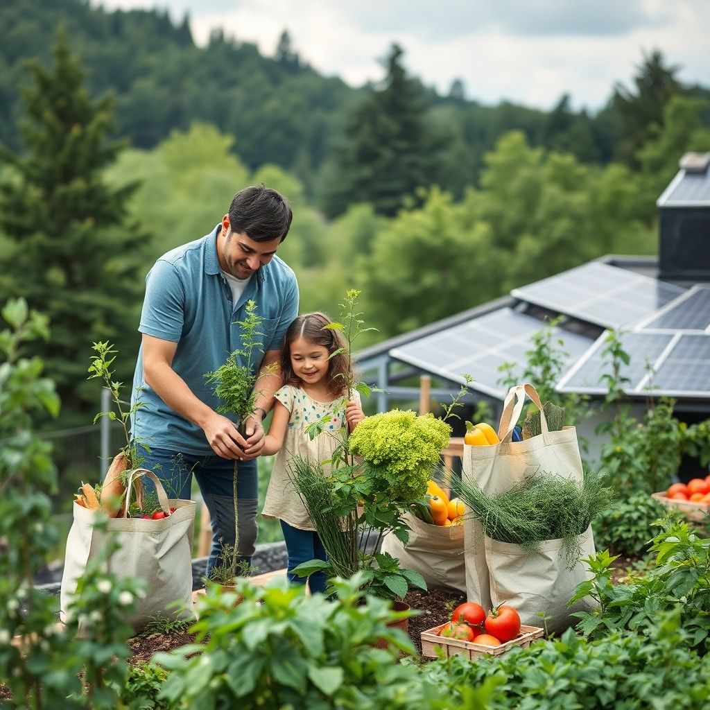 family planting trees in a lush green forest, reusable shopping bags filled with fresh produce at a farmers market, solar panels on a rooftop generating clean energy