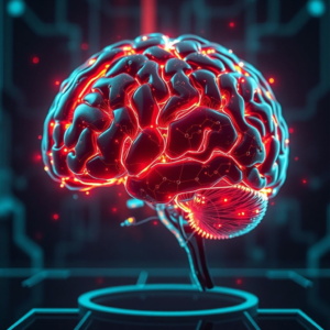 futuristic AI holographic brain with neon lights, highly detailed, cinematic atmosphere