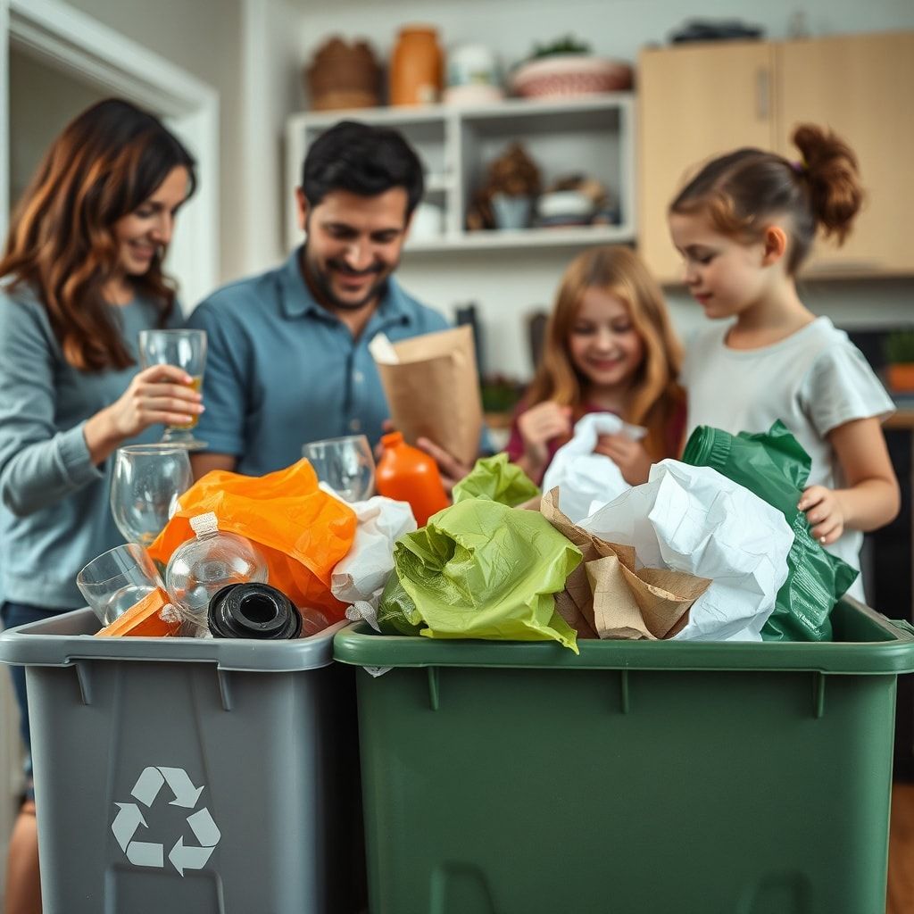 family recycling at home, sorting glass, plastic, paper, and organic waste into separate bins
