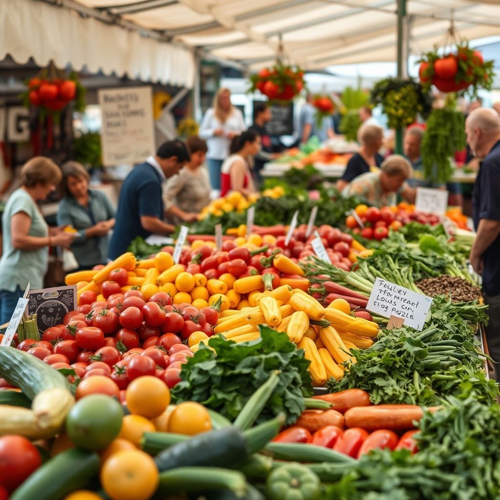 sustainable - local farmers market, colorful fruits and vegetables on display, bustling with activity and community spirit