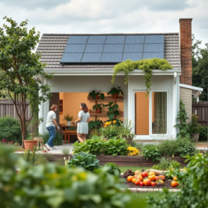 sustainable living in a modern eco-friendly home with solar panels and greenery, family recycling and composting, community garden with diverse vegetables and fruits