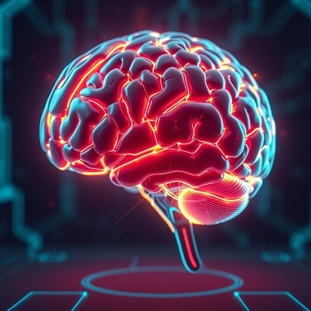 futuristic AI holographic brain with neon lights, ultra realistic, 8k quality