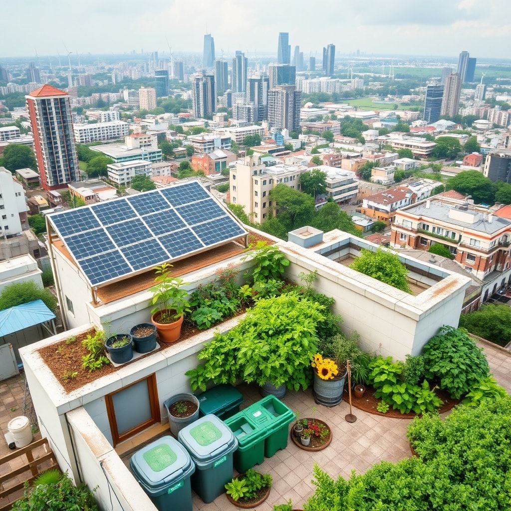 urban rooftop garden with solar panels and green plants, eco-friendly household with recycling bins and composting area, sustainable city skyline with wind turbines and green architecture
