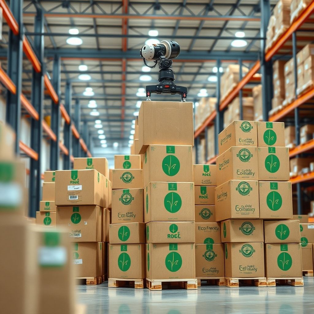 A vibrant, modern warehouse with stacks of eco-friendly corrugated boxes, some with brand logos, being moved by a robotic arm, symbolizing efficiency and sustainable practices beyond conventional logistics. The scene is bright, clean, and futuristic, with a focus on green technology and organized operations, high detail, 8k, photorealistic.