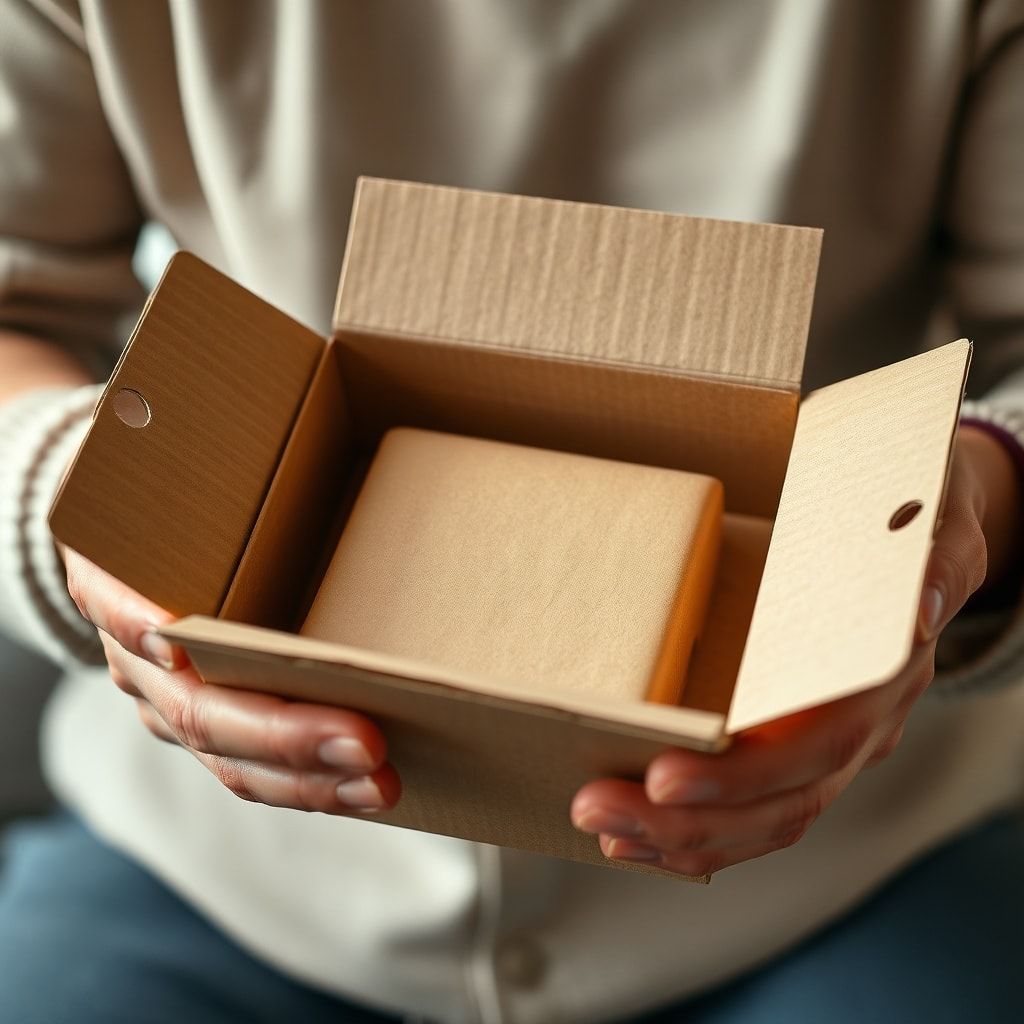 Close-up of hands carefully unboxing a product from a beautifully designed, minimalist corrugated package, revealing an innov