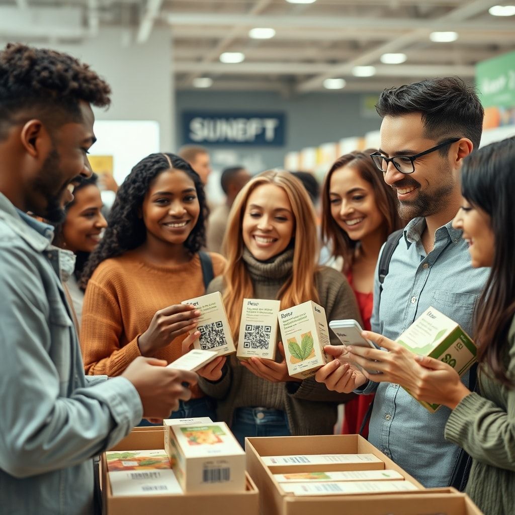 A diverse group of consumers in a modern retail environment, engaging with products displayed in sustainable corrugated packa