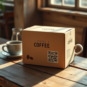 A beautifully designed custom corrugated box for an e-commerce brand, featuring elegant illustrations of coffee beans and a QR code, placed on a rustic wooden table next to a steaming cup of coffee, warm natural sunlight, cinematic atmosphere, ultra realistic, highly detailed, 8k quality, photorealistic