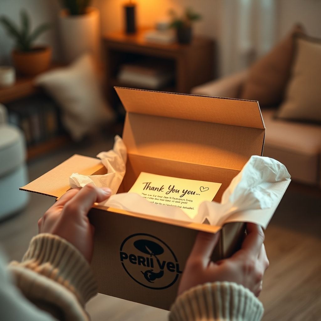 crush - A pair of hands carefully opening a custom corrugated box with a stylish logo, revealing tissue paper and a small, pe