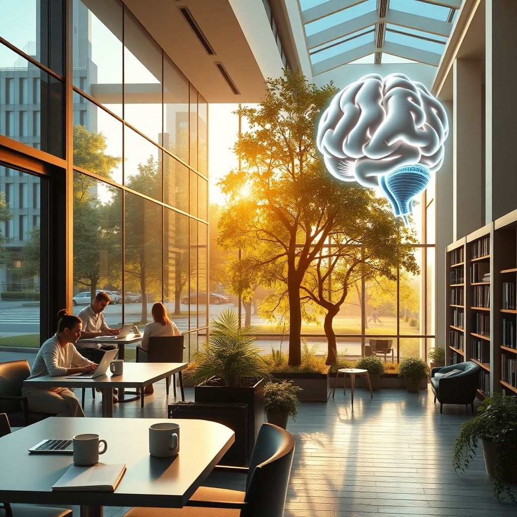 modern office with glass walls and people working on laptops, cozy Italian café terrace with coffee cups and notebooks, peaceful city park with green trees and stone pathways, minimalist living room interior with sunlight through large windows, futuristic AI holographic brain with neon lights, university library with tall bookshelves and students studying, warm natural sunlight, cinematic atmosphere, ultra realistic, highly detailed, 8k quality, photorealistic