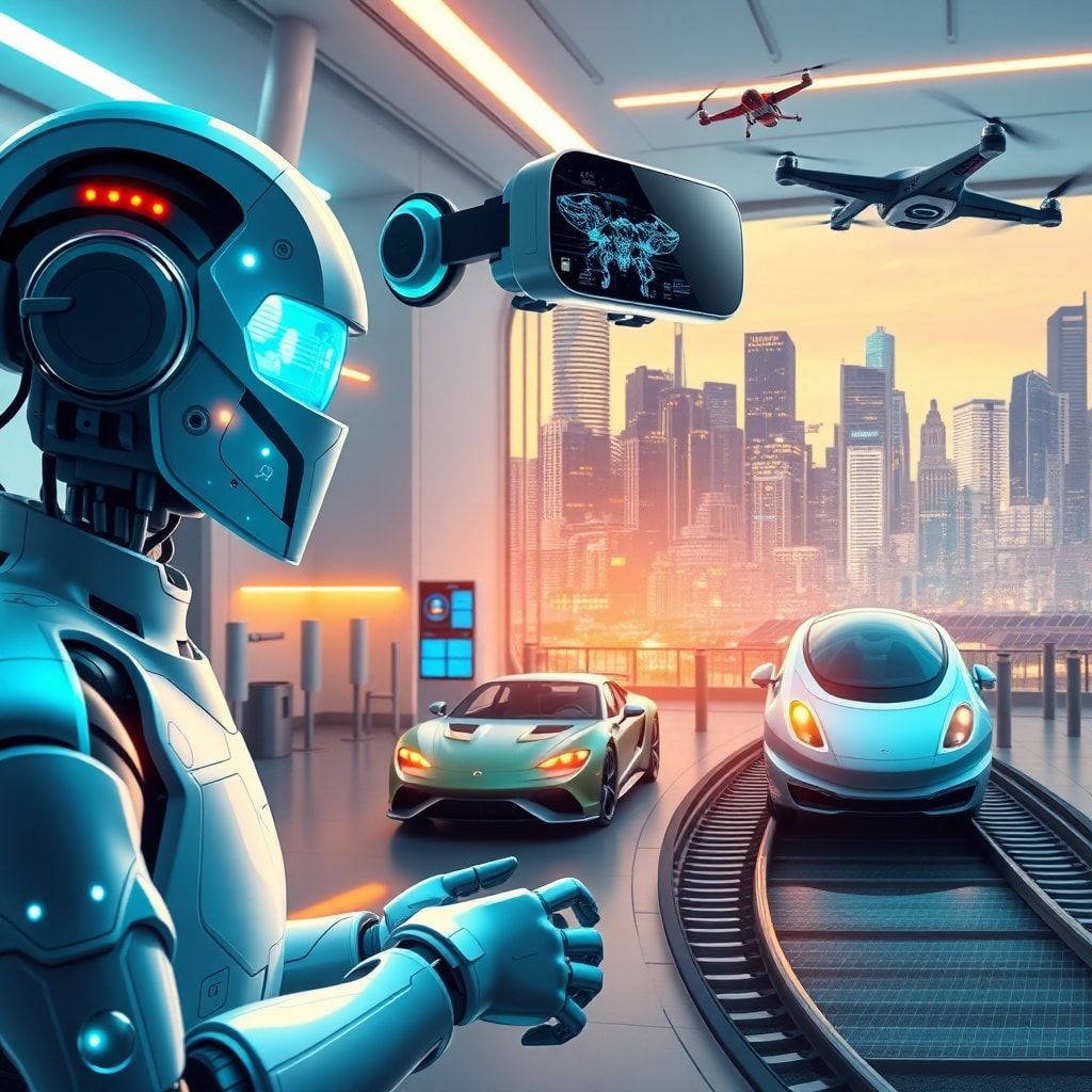 cutting-edge technology with futuristic design and glowing lights, advanced robotics in a research lab setting, high-tech medical equipment in a hospital operating room, AI-powered smart home devices in a modern living room, virtual reality headset with immersive digital environment, futuristic city skyline with digital displays and flying drones, sleek electric car charging at a station, next-generation smartphone with innovative features, 3D printer creating intricate objects, high-speed bullet train in motion, space exploration with astronauts and spacecraft, sustainable energy solutions in a solar panel farm