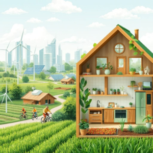 green cityscape with renewable energy sources and people cycling, sustainable farming practices with workers in the field and organic crops, eco-friendly home interior with recycled materials and energy-efficient appliances