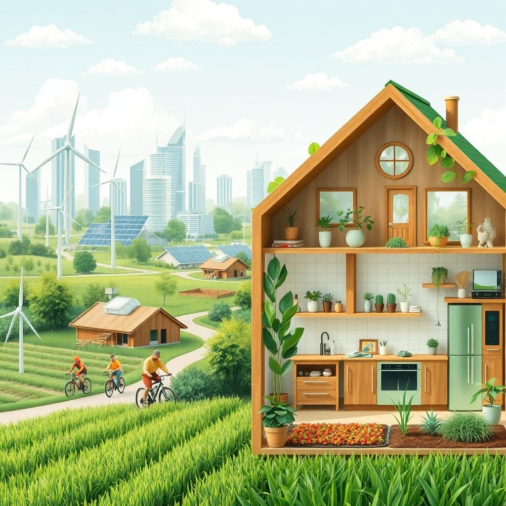 green cityscape with renewable energy sources and people cycling, sustainable farming practices with workers in the field and organic crops, eco-friendly home interior with recycled materials and energy-efficient appliances