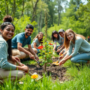 diverse group of people planting trees in a lush green forest, using sustainable gardening tools, smiling and enjoying nature, eco-friendly lifestyle, environmental conservation, community effort, sustainable living, happy diverse group of volunteers, planting saplings in a sunny park, colorful flowers and green grass, environmentally friendly activities