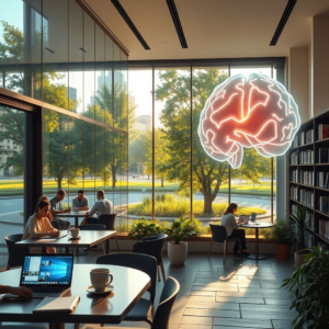 modern office with glass walls and people working on laptops, cozy Italian café terrace with coffee cups and notebooks, peaceful city park with green trees and stone pathways, minimalist living room interior with sunlight through large windows, futuristic AI holographic brain with neon lights, university library with tall bookshelves and students studying, warm natural sunlight, cinematic atmosphere, ultra realistic, highly detailed, 8k quality, photorealistic