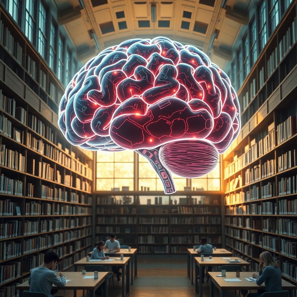 innovative - futuristic AI holographic brain with neon lights, university library with tall bookshelves and students studying