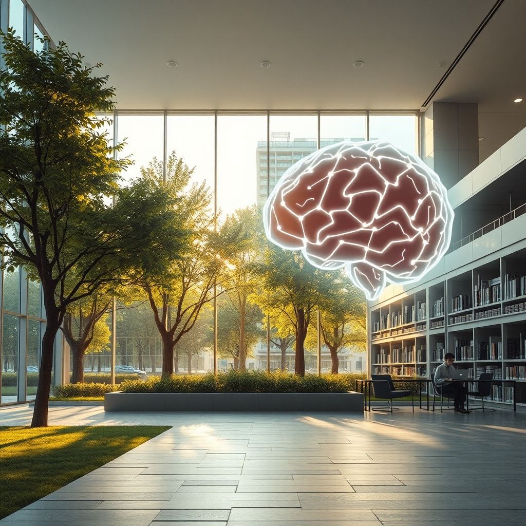 innovative - peaceful city park with green trees and stone pathways, minimalist living room interior with sunlight through la