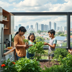 family recycling together in the kitchen, planting trees in a community garden, sustainable city skyline with green buildings and solar panels