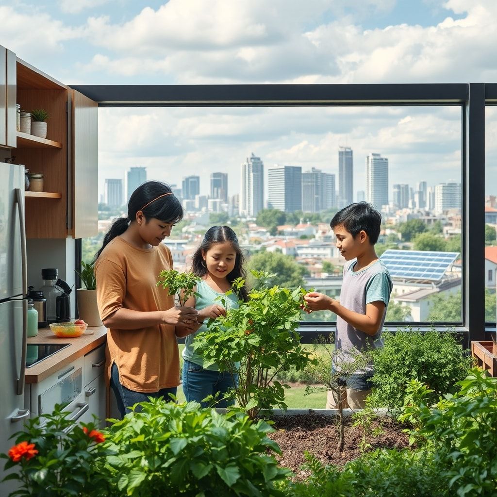 family recycling together in the kitchen, planting trees in a community garden, sustainable city skyline with green buildings and solar panels
