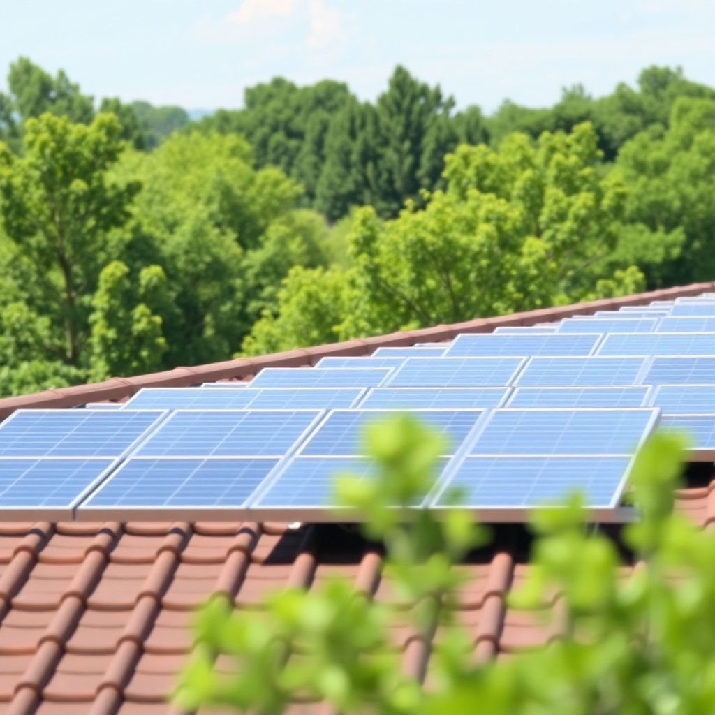 sustainable - solar panels on a rooftop with green trees in the background