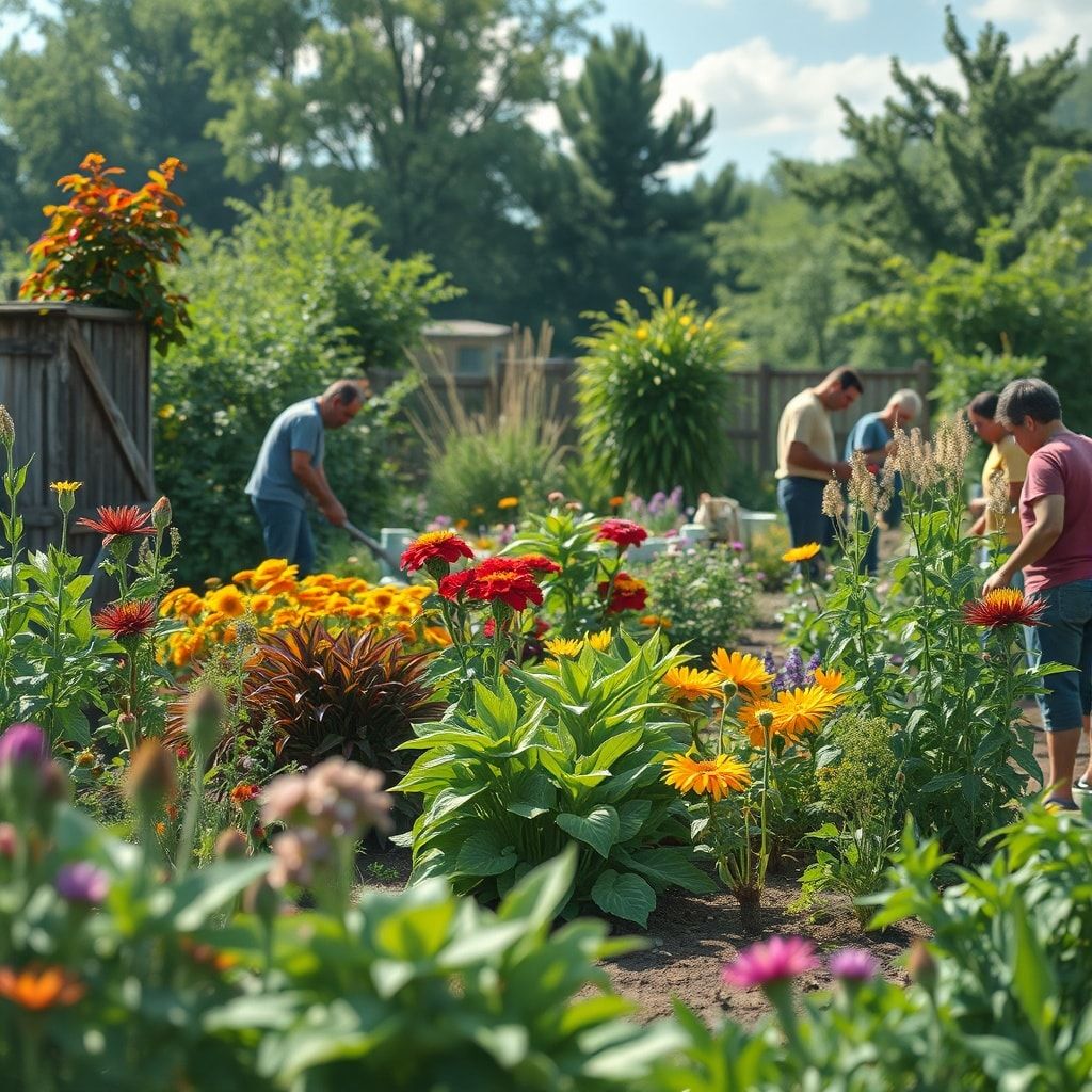 sustainable - community garden with diverse plants and people working together