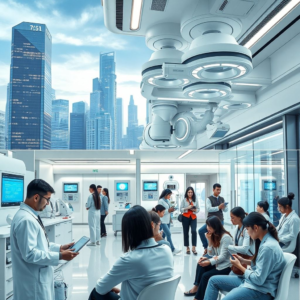 cutting-edge technology innovations in a futuristic cityscape, sleek and modern healthcare facility with advanced medical equipment, diverse group of students engaged in virtual learning with laptops and tablets