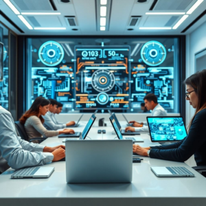 cutting-edge technology in a modern office setting with employees working on laptops and tablets, futuristic digital interface displays in the background, sleek and minimalistic design, hi-tech gadgets and devices, contemporary office decor, advanced technology integration, innovative work environment