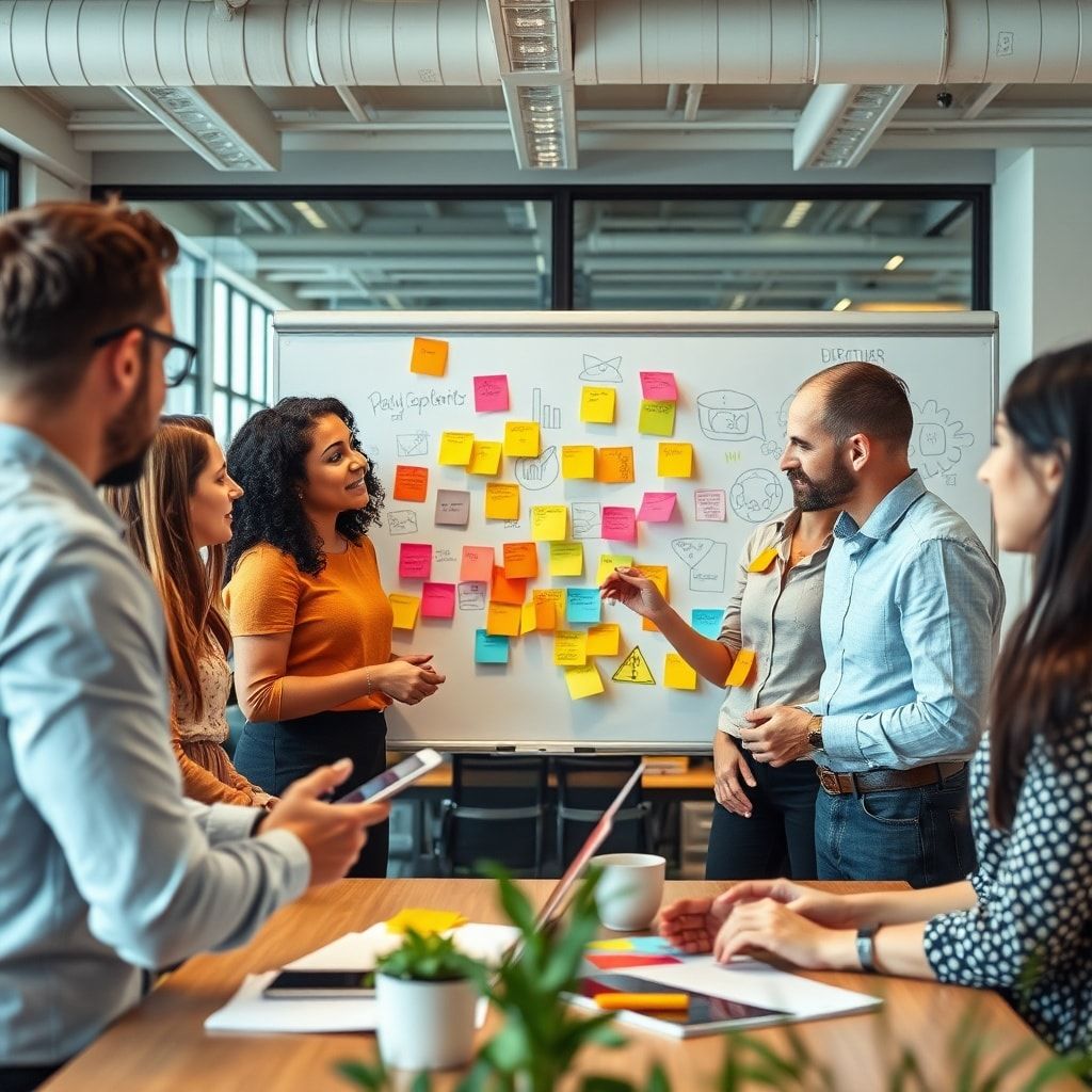 diverse group of professionals brainstorming creative ideas in a collaborative workspace, colorful sticky notes and whiteboar